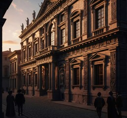 Elegant venetian palace at sunset with noble people walking nearby