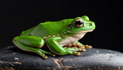 Obraz premium Close-up of a vibrant green frog resting on a dark stone