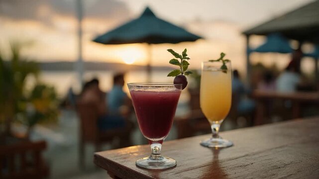 A pair of vibrant cocktails sit elegantly on a wooden table as the sun sets over the horizon, creating a serene and picturesque beachside atmosphere.