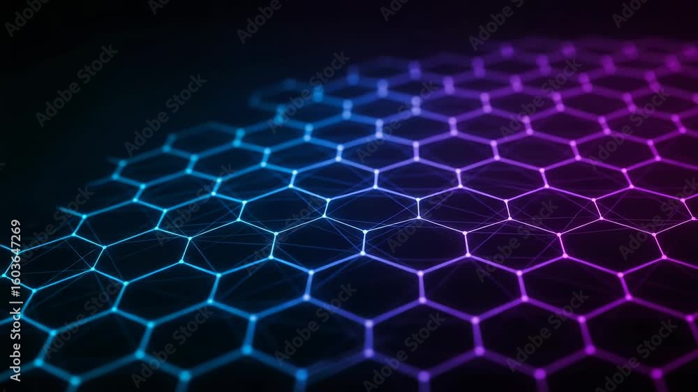 Poster an abstract network of interconnected blue and purple hexagons forms a futuristic technological back