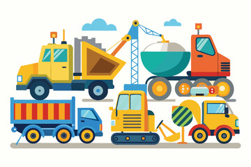 Whimsical Construction Vehicles and Equipment Arranged in a Cheerful Composition for Children's Illustration or Educational Material