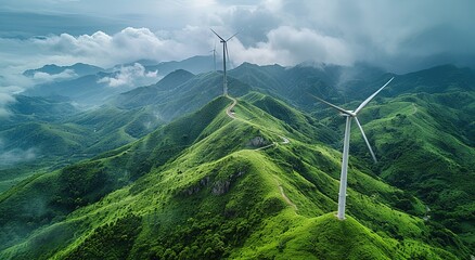 An image of a wind turbine standing tall in a vast natural landscape, suitable for brochures and posters of environmental protection organizations and new energy enterprises.