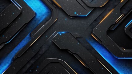 Futuristic black metal panels with glowing blue and orange edges create depth and dimension.