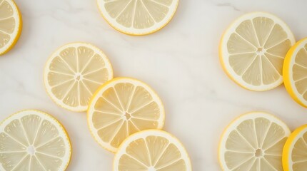 Lemon slices on white marble background. Top view, flat lay.