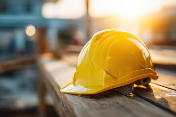 A yellow safety helmet rests on a wooden surface at a construction site, illuminated by warm sunlight in the background