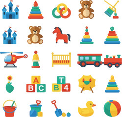 Naklejka premium Vibrant collection of classic children's toys evoking joy and playful learning experiences