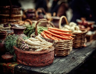 Rustic market baskets overflowing with fresh produce