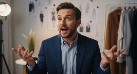 A man in a suit enthusiastically gesturing while speaking, with fashion sketches and clothing in the background.