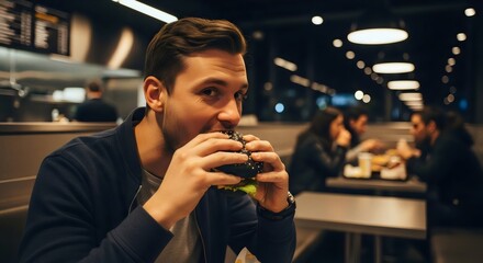 Young man eating a black bun hamburger in a modern fast-food restaurant at night.