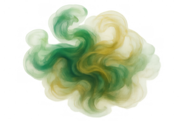 Vibrant green and yellow smoke curling dynamically, blending softly against transparent backdrop, ideal for creative digital compositions