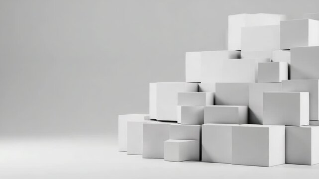 A stack of white cubes creates an abstract geometric pattern against a plain background
