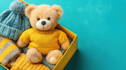 A cute teddy bear in a yellow sweater sits in a box with cozy knitted winter accessories on a bright blue background