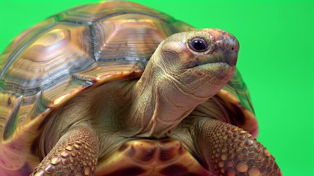 Close-up portrait of a terrestrial tortoise with patterned shell against a vibrant green studio background