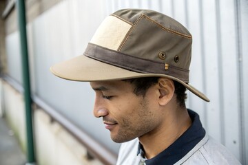 A man in a khaki hat looking down in front of a neutral wall