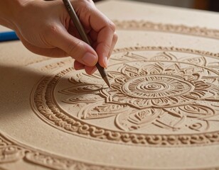 Carving intricate mandala design in light-brown wood.  Hand holding tool, close-up