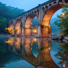 Serene twilight view of a stone arch bridge reflected in calm water