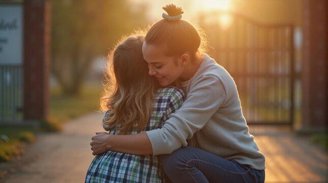 Young woman hugging little girl in warm sunlight outdoors  