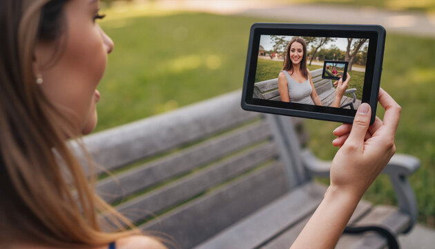 Young woman taking selfie with tablet while sitting on park bench   - Powered by Adobe