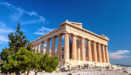Obraz premium Ancient Greek temple against a vivid blue sky