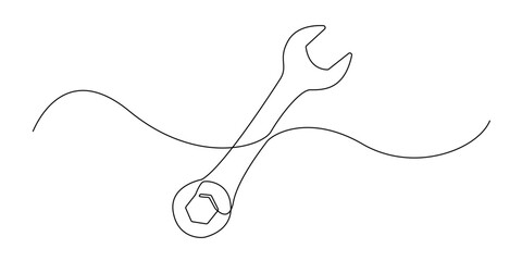 Continuous line drawing of a combination wrench. A minimalist and elegant vector illustration representing tools used in mechanical work, maintenance, repair, and engineering