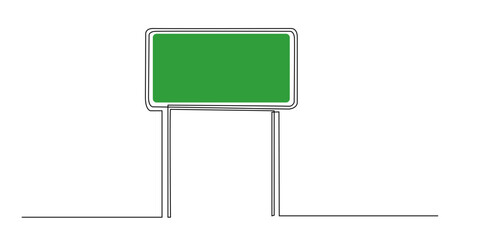 Minimalist continuous line drawing of a blank green road sign on poles, symbolizing direction, travel, and navigation. Perfect for map design, road themes, or transportation concepts