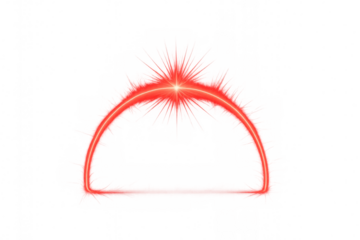 Luminous red semicircle radiating energy beams, symbolizing technological innovation against transparent backdrop