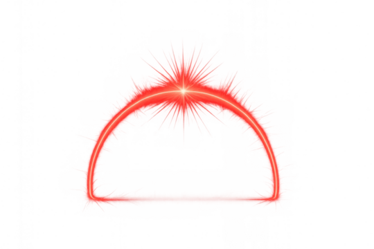 Luminous red semicircle radiating energy beams, symbolizing technological innovation against transparent backdrop