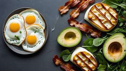 Side view of a healthy keto breakfast | Fried eggs, avacado, salad