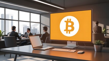 Computer screen displays Bitcoin logo in modern office with people meeting cryptocurrency