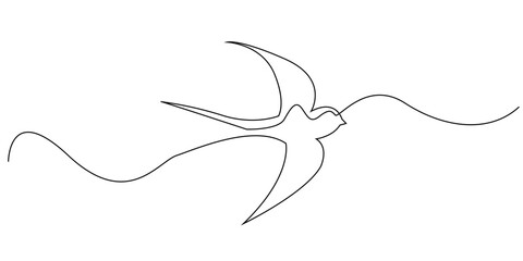 Continuous line drawing of a swallow bird in flight. Minimalist illustration representing freedom, grace, hope, and the elegance of nature in motion