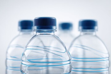 Clear plastic water bottles with blue caps