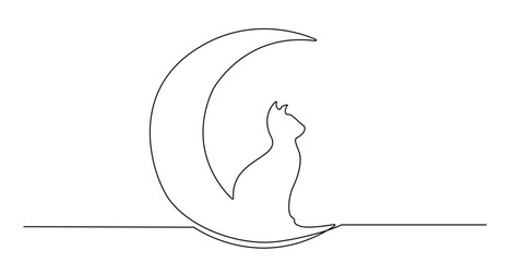 Continuous line drawing of a cat sitting on a crescent moon. Minimalist illustration symbolizing mystery, calm night, magic, and the mystical connection between animals and the moon.