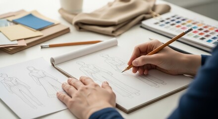 A designer's hands sketching fashion designs on a notepad, surrounded by materials.