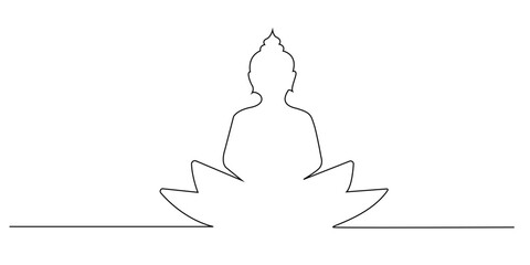 Continuous line drawing of Buddha sitting on a lotus flower. Minimalist spiritual illustration symbolizing peace, mindfulness, meditation, enlightenment, and inner harmony in Buddhist tradition.