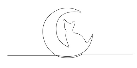 Continuous line drawing of a cat sitting on a crescent moon. Minimalist illustration symbolizing mystery, calm night, magic, and the mystical connection between animals and the moon.