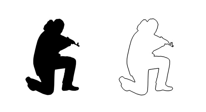 cartoon silhouette of a man squatting with an AK 47 rifle on his hand, simple line drawing of a man squatting