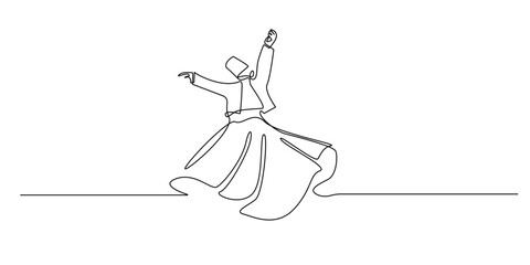 Continuous line drawing of a whirling dervish in motion. Minimalist spiritual illustration symbolizing Sufi mysticism, devotion, inner peace, dance meditation, and traditional cultural expression.