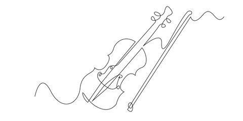 Continuous line drawing of a violin and bow. A minimalist and elegant illustration that symbolizes classical music, art, emotion, performance, and creative expression through timeless string instrumen