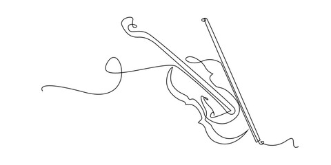 Continuous line drawing of a violin and bow. A minimalist and elegant illustration that symbolizes classical music, art, emotion, performance, and creative expression through timeless string instrumen