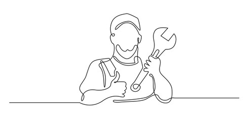 Continuous line drawing of a happy mechanic holding a wrench and giving a thumbs up. Minimalist illustration symbolizing repair service, reliability, and automotive support.