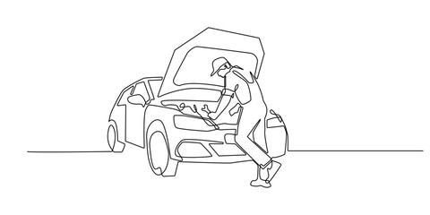 Continuous line drawing of a mechanic repairing a car with the hood open. Minimalist illustration representing automotive service, maintenance, and car repair work.