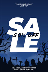 Halloween sale vertical banner label background design. 50 percent off for holiday season template with trees, graveyard flat style dark blue black background. Vector illustration