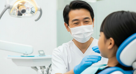 A smiling Asian male dentist wearing a mask and gloves ready to treat a patient