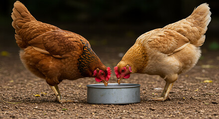 Two hens drinking from a shared feeder