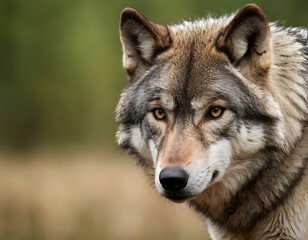 Fototapeta premium A grey wolf portrait. A natural background with copy space. 