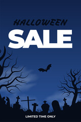 Halloween sale vertical banner label background design. Limited time only for holiday season template with trees, graveyard, bat flat style dark blue black background. Vector illustration