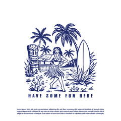 Vintage retro hand  drawn exotic Hawaiian vibes beach paradise © purify