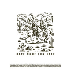 Vintage retro hand drawn two cowboy riding his horse in desert dune western