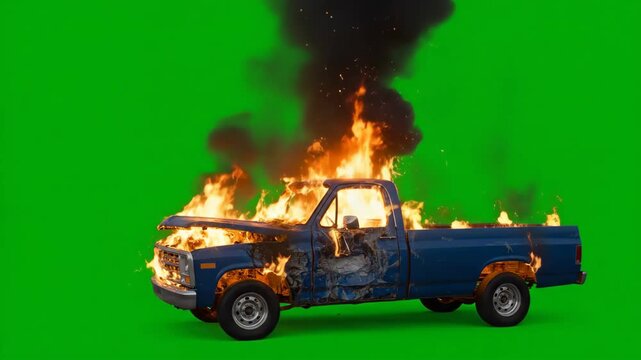 An exploded burning car is burning, the car is burning in slow motion. Looping VFX animation in front of green screen.

