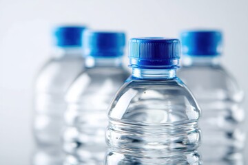 Close-up of several clear plastic water bottles with blue caps